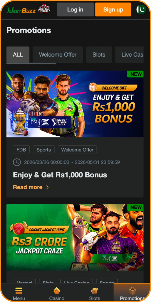 Browse the available bonus interface through the JeetBuzz App APK.